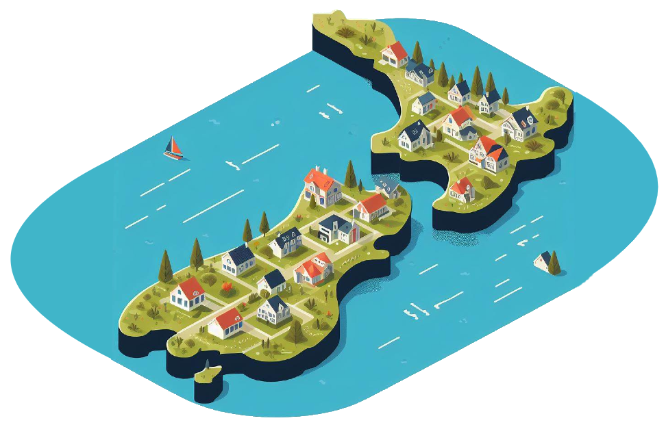 An illustration of houses on a map of New Zealand